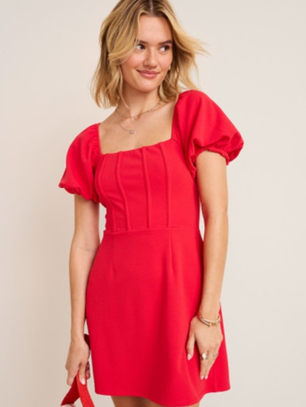 Francesca's Collections Red Square Neck Puff Sleeve Dress